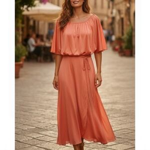 Vintage ILGWU 70's Peach Orange Faux Wrap Blouson Flutter Sleeve Maxi Dress 9/…